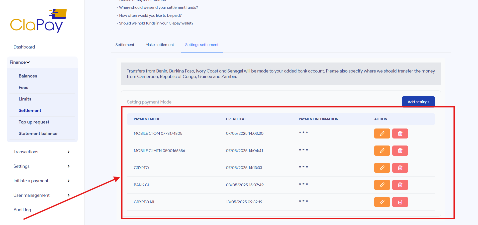 Settlements Request dashboard