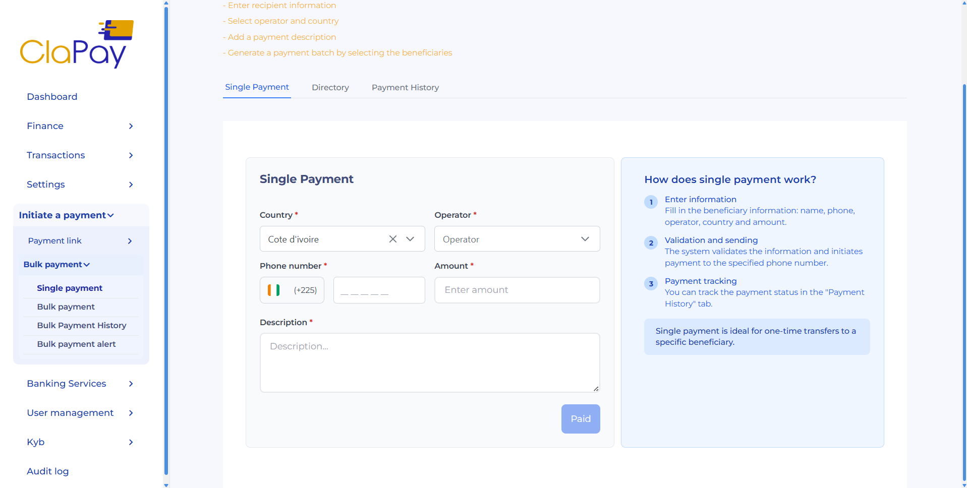 Single payment details