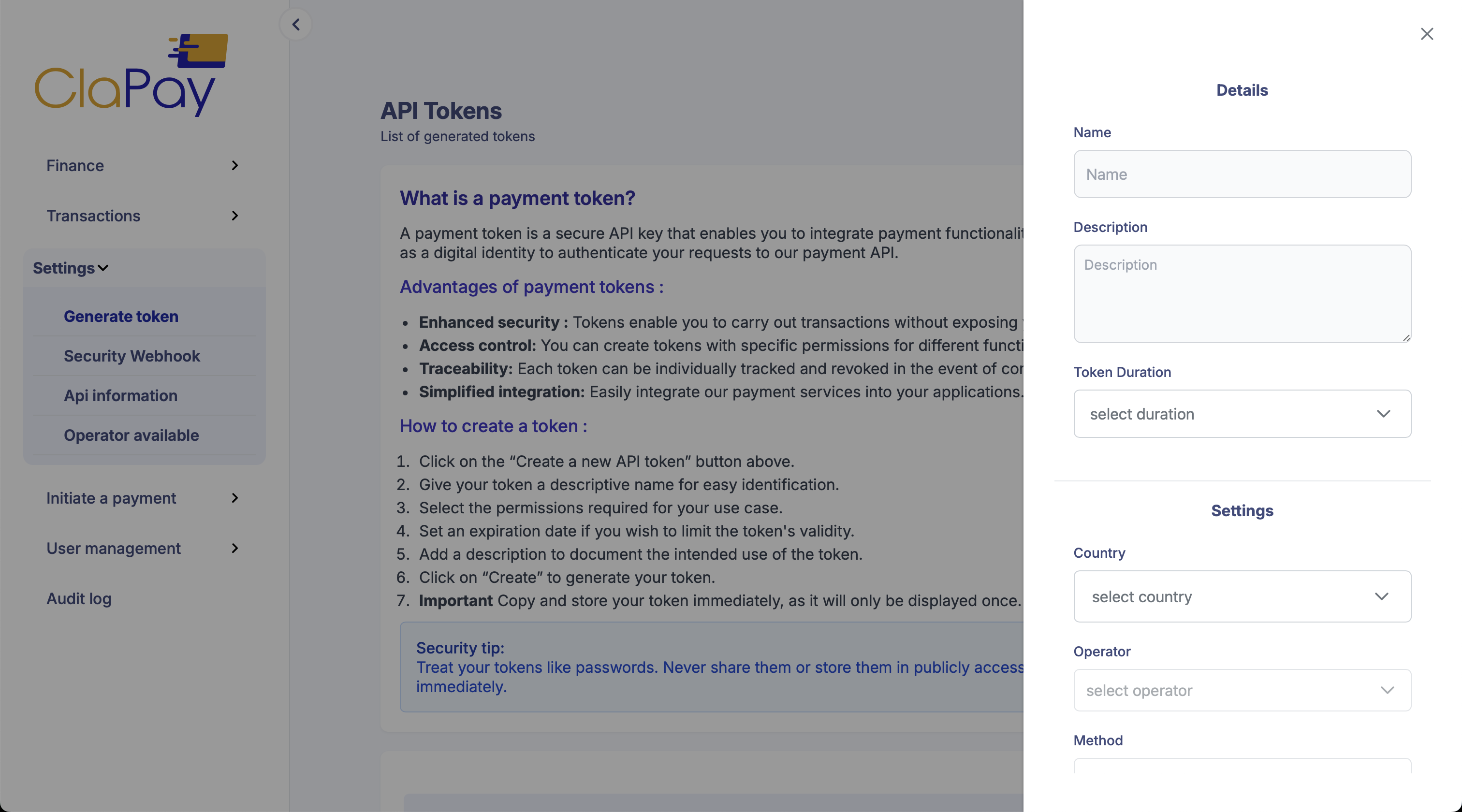 Dashboard token form Screenshot