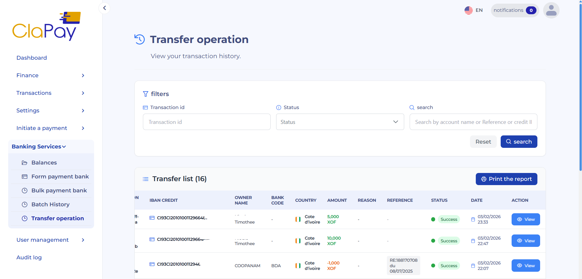 Historique des virements