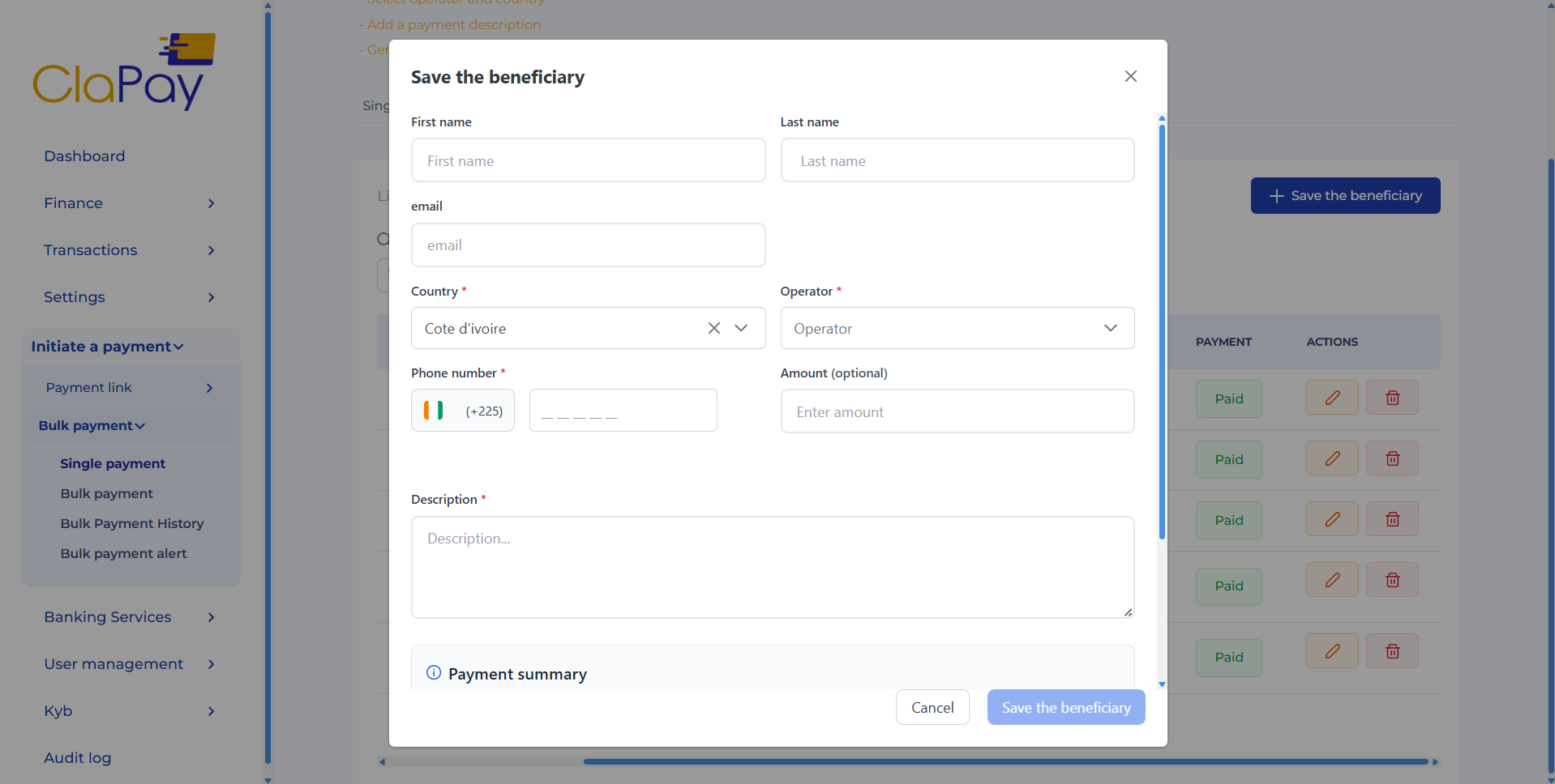 Ajouter un bénéficiaire