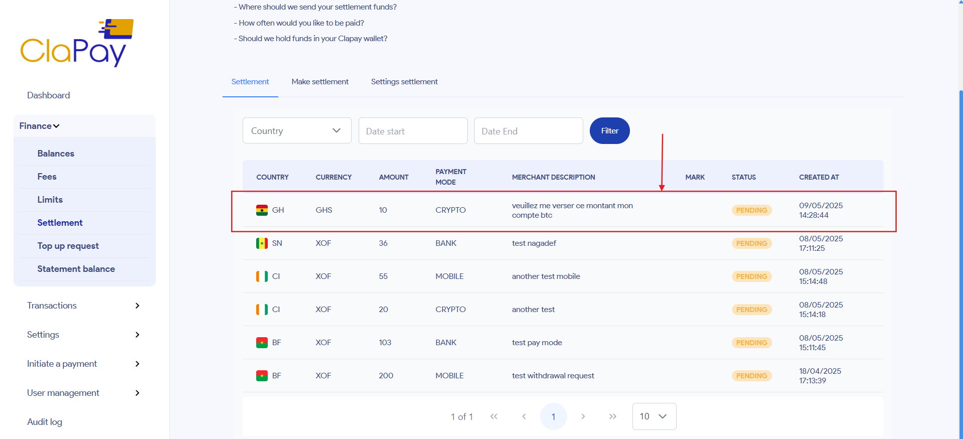 Withdrawals Request dashboard